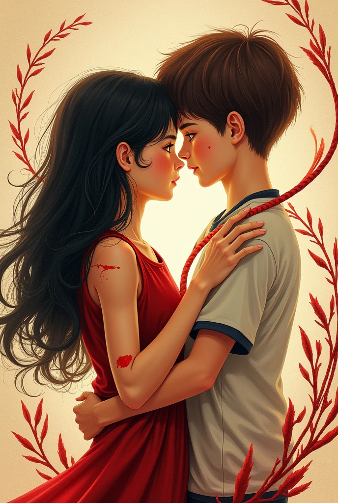 I want to create an image for a book cover: "My red thread".
need:
The red thread.
The girl who will always hold the bigger part of the red thread, I want her to be a girl with Chinese hair above her waist, A mole on her cheek, Cuts on the arms, Like she's sick, A band-aid on the left side of her arm as if they had taken blood.
And a boy with straight brown hair, A mole next to her lips and one on her cheek, And something football-related, Maybe his background with football, And the girl's background with cooking and literature.
I want there to be only two people, The girl and the boy.