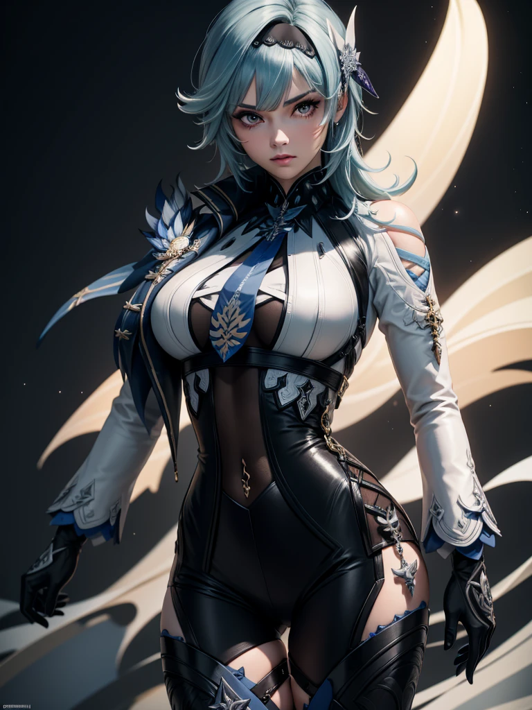 Illustration, UHD, retina, masterpiece, accurate, anatomically correct, super detail, high details, high quality, award winning, best quality, highres, good anatomy, 1080P, HD, 4K, 8k, 16k, 1girl, dynamic pose, androgynous, portrait, eula, genshin impact, looking at viewer, lighting, shading, rendering, big chest, detailed hair, detailed clothes, detailed eyes