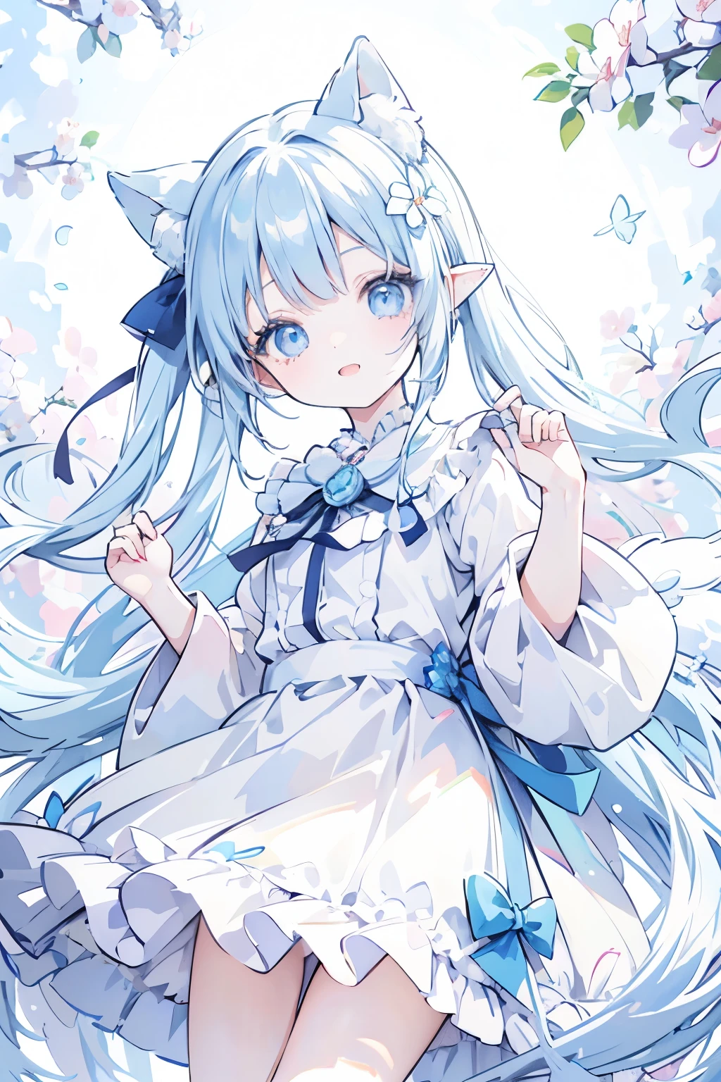 anime、pastel、Very young、child、Laughing with your mouth open、Double teeth、Very short、pastelホワイトの髪、long、Short pigtails、Flower Hair Ornaments、fluffy, drooping ears、Fluffy tail、azure blue eyes、Odd Eye、Glowing eyes、Wide open eyes、Cheeky cheeks、Slender body、She is wearing a white and light blue dress.、Outdoor、Cute Girlfriend、Frolic innocently、Flower Field