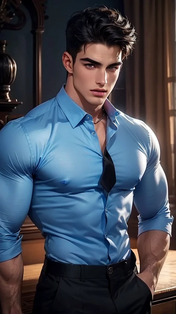 a muscular handsome young man, Pietro Boselli, extremely detailed face, beautiful detailed eyes, looking at the viewers romantically, sapphire blue shirt, black pants, formal shirt pants, sexy look, black short hair, light facial hair, smooth skin,