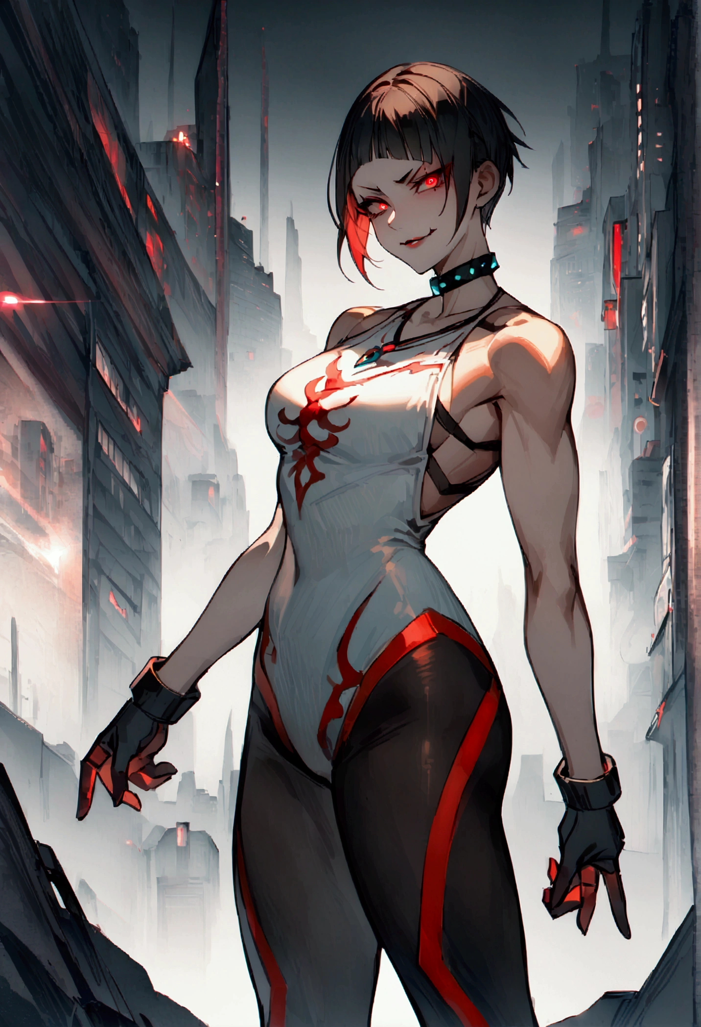 fully body,standing,alone,short hair,work of art,face detailed,young fitness linda,Wearing black pantyhose,tight white sweater with collar ,neckleace,evil smile,red eyes glowing,labiaa,eye shadow,bangs on the eyes,black gloves,background city
