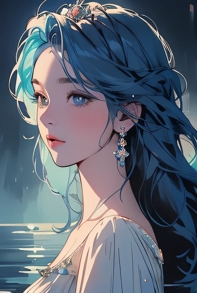 a beautiful blue-haired princess, elegant and graceful, serene water landscape, detailed facial features, intricate dress, fantasy art style, cinematic lighting, vibrant colors, photorealistic, 8k