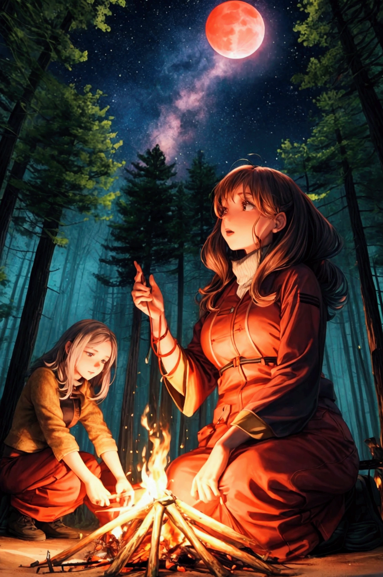 women .making a campfire in a forest. huge red moon .and planets mountain stars. Comets