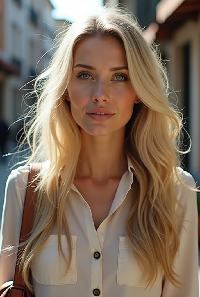 dressed in a black buttoned dress, carries a brown handbag, see the entire body of the woman from head to toe
