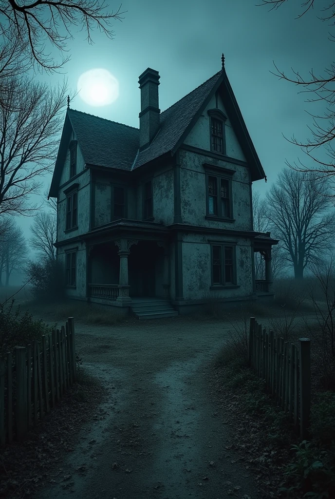 A creepy, old mansion located on the outskirts of a rural village, known as the 'haunted house.' The night sky is dark and ominous, with eerie shadows flickering around the mansion. Strange, unsettling noises can be faintly heard, and occasionally, dark, ghostly figures appear near the mansion."