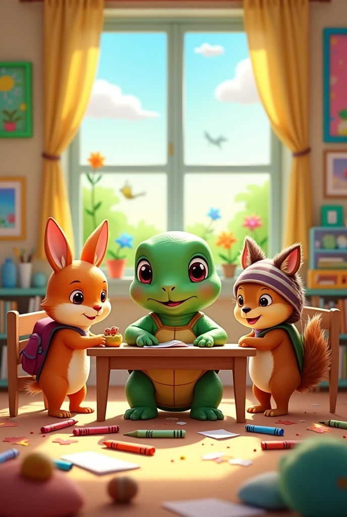 A little turtle in kindergarten with rabbits, fox, hedgehog, Squirrel playing for a children&#39;s book 
