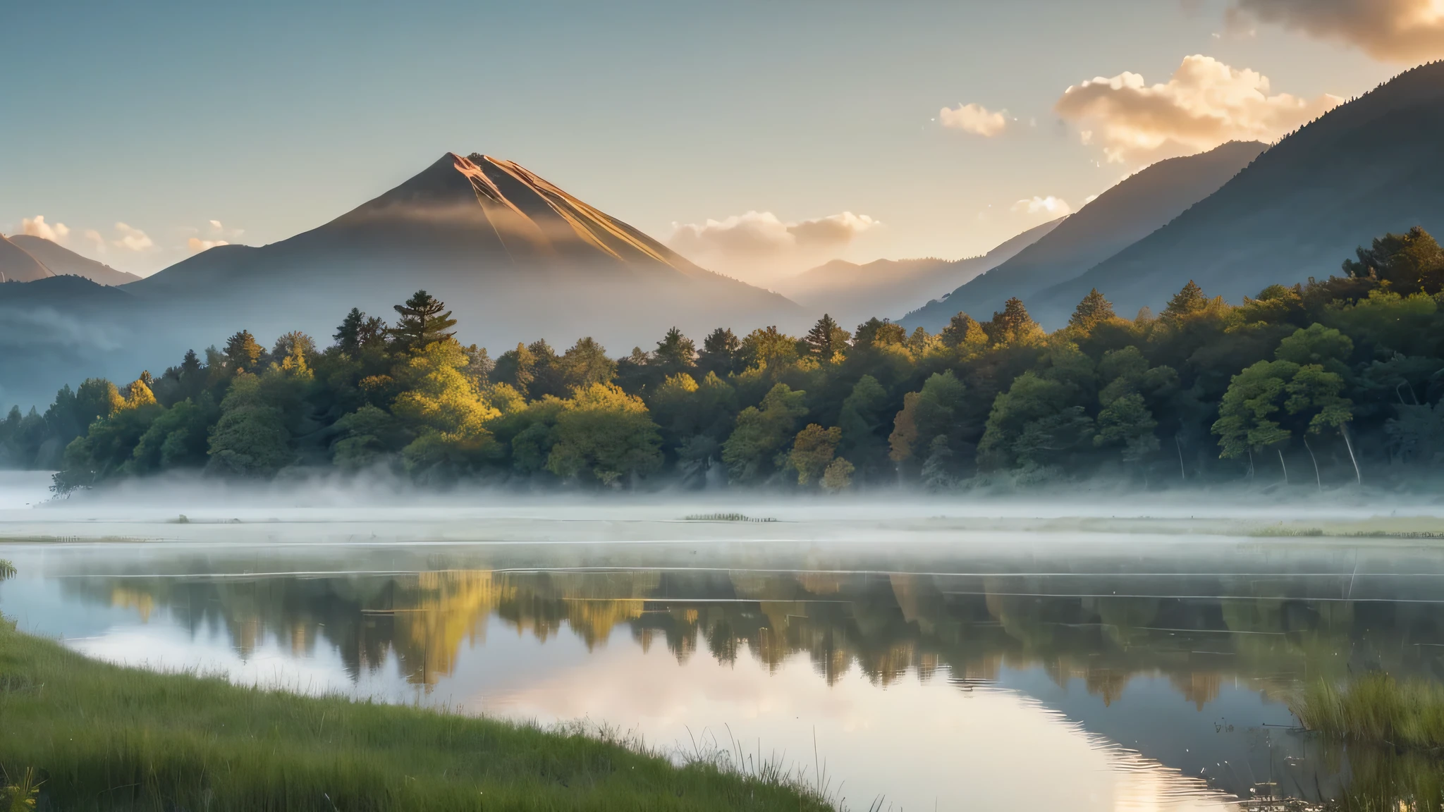 Create a serene YouTube thumbnail with a 16:9 aspect ratio. The scene captures a tranquil morning atmosphere with soft, diffused sunlight filtering through light clouds. In the foreground, a calm, mist-covered lake reflects the soft hues of the dawn sky. Gentle ripples in the water and distant silhouettes of trees add to the peaceful ambiance. The text '静かな朝' should be prominently displayed in elegant, calming fonts. Use soothing, muted colors to enhance the calm, ambient feel of the image