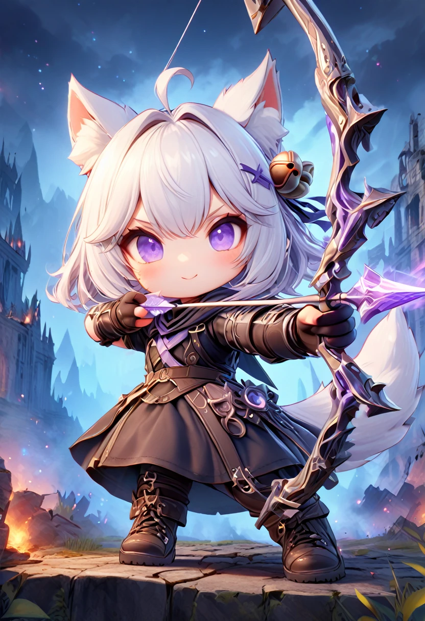 master piece, best quality, ultra-detailed, illustration, midnight, battlefield, gloomy atmosphere, broken castle, broken walls, ruins, purple flames, purple lightning, 1girl, solo, chibi, (big head), cute pose, front view, looking at viewer, ((full body Close up)), chubby, fat, filian, filianoverall, Filiansailor, ((white hair)) , short hair, shoulder length hair, fly-away hair, bangs, hairclip:1.5, purple hair ornament:1.5, cat ears, (hair bell:1.3) ahoge, purple eyes, closed mouth, smiling, (white fox tail), (black tattered robe), long gown, black arm sleeves, (black gloves) , holding a bow, long bow, purple bow, aiming an arrow, black stockings, black boots