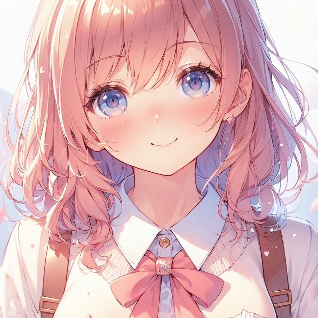 (Exquisite, beautiful, Very detailed, masterpiece, high quality,High resolution),(Well-formed face,Soft and thin lines: 1.2, Beautiful and delicate illustrations with a mature and transparent feel, Pixiv-inspired anime illustration,A beautiful girl illustration with a cute smile in pastel colors that would go viral on Twitter among Japanese people),A fashion model, who looks like a college student, is holding a large heart-shaped cushion and looking up at the viewer with big eyes.,A delicate face with a translucent quality, (looks fun,Happy smile),(Slightly wavy, flowing medium-length hair), (A pale pink blush, Plump pink lips,Quite a large bust,Fair skin, Good style,Long, slender legs),Hearts float around me