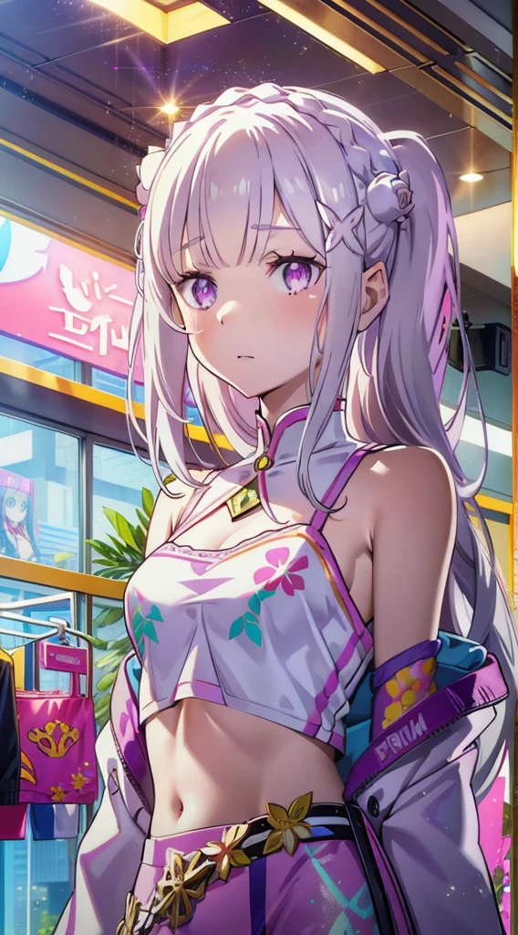 Emilia re:zero, purple eyes, Emilia, crown braid, x hair ornament, flower hair ornament, white hair, long hair, medium breasts, midriff, ((Masterpiece)), best quality, absurderes, ultra detailed, holographic, cowboy shot, golden ratio, super cute girl, mature girl, idol girl, super beautiful asian girl with very beautiful violet glowing eyes, high ponytail, nice and sexy body, slim body, perfect body, wearing a super tight anime printed leotard, an anime printed super tight off shoulder long sleeve crop top, a super aesthetic transparent mini jacket, beautiful hair ornament, pink jordan tennis, being photographed in a mall shop with her handsome skinny boyfriend, wearing