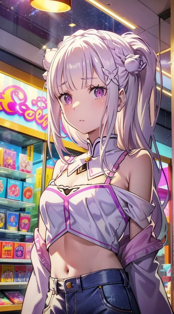 Emilia re:zero, purple eyes, Emilia, crown braid, x hair ornament, flower hair ornament, white hair, long hair, medium breasts, midriff, ((Masterpiece)), best quality, absurderes, ultra detailed, holographic, cowboy shot, golden ratio, super cute girl, mature girl, idol girl, super beautiful asian girl with very beautiful violet glowing eyes, high ponytail, nice and sexy body, slim body, perfect body, wearing a super tight anime printed leotard, an anime printed super tight off shoulder long sleeve crop top, a super aesthetic transparent mini jacket, beautiful hair ornament, pink jordan tennis, being photographed in a mall shop with her handsome skinny boyfriend, wearing