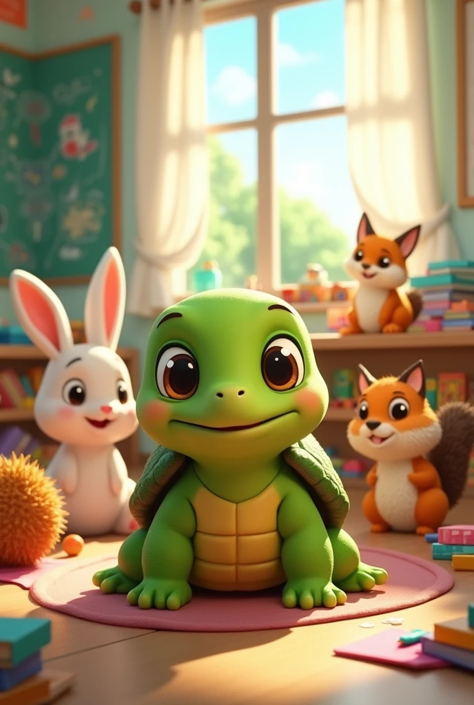 A little turtle in kindergarten with rabbits, fox, hedgehog, Squirrel playing for a children's book