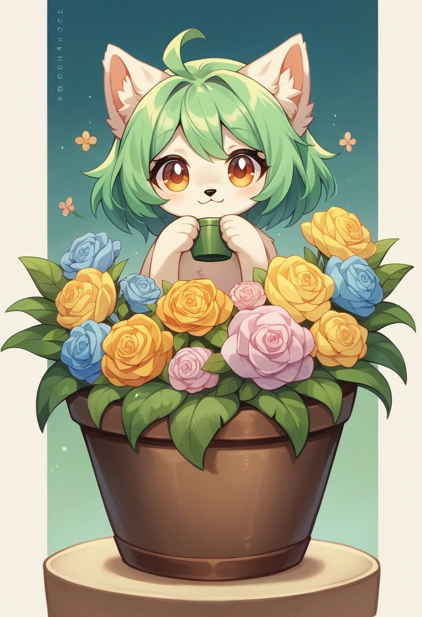 Furry,Dog girl,Masterpiece,Best quality,Masterpiece,Best quality,offcial art,Extremely detailed Cg Unity 8K wallpaper,Slightly vintage,RISO print style,illustration,Cute,1girll,Flowers,windowsill,flower pots,Drink coffee,.naked girl