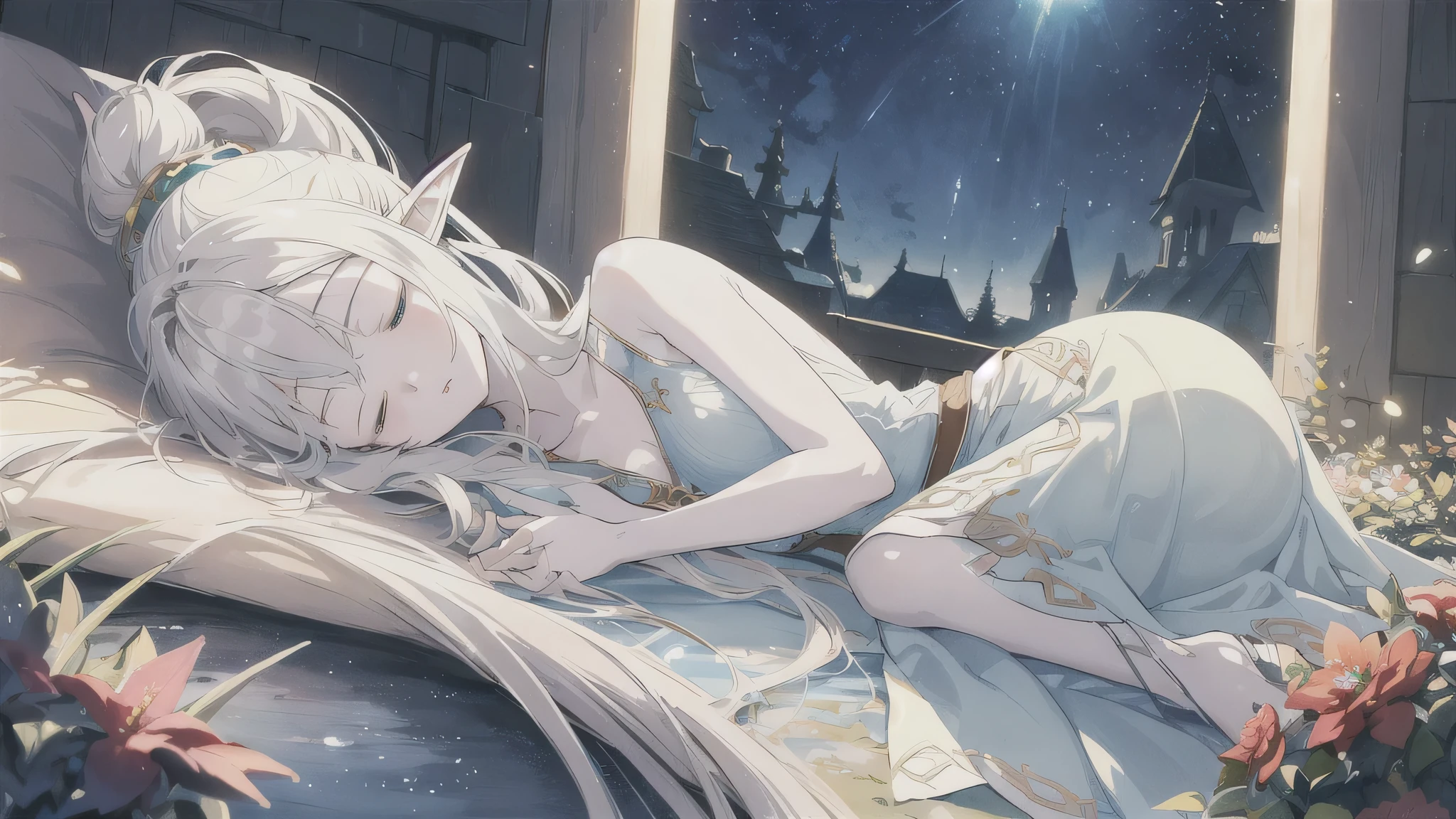 (style:Colored pencil,pale colour))、(anime)、(masterpiece:1.2),atmospheric perspective,lens flare、Fantasy worldview、(Sleeping Elf Girl)、Elf sleeping lying on the side of the road at night 、(Otherworldly clothing)、ponytail