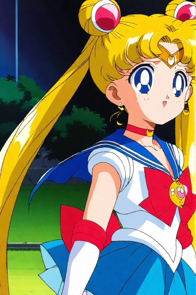 score_9, score_8_up, score_7_up, score_6_up, score_5_up, score_4_up, source_anime, (masterpiece:1.3),(highest quality:1.4),(Super detailed:1.5),8k,High resolution,an extremely delicate and beautiful,Official Art,Perfect Anatomy,(anime_screencap:1.11),(90s anime,90s anime style,Cel-shaded anime:1.47),anime coloring,(1girl:1.5), ((very young child:1.52)),((loli:1.5)),
((aausagi:1.52)), long hair, double bun, twintails, parted bangs, tiara, earrings, blue eyes, red choker, blue sailor collar, red bow, white shirt, elbow gloves, white gloves, blue skirt,open-mouthed smile,