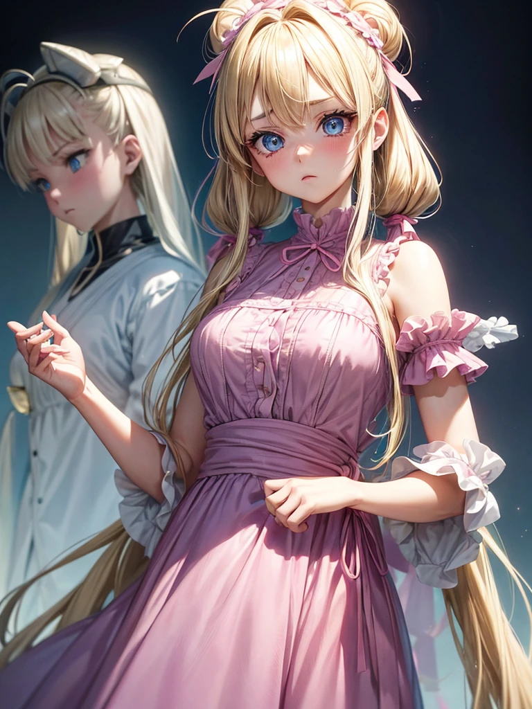 An adult girl with dull blonde hair, hairstyle in two low pigtails adorned with faded pink ribbons. Her blue eyes, although once resplendent, now they reflect a deep melancholy and sadness. Designed in the style of Dragon Ball Z, She wears a pink jumpsuit dress that, although nice, It doesn&#39;t seem to bring him joy.. Wear a pink hat as an accessory, slightly twisted, adding a touch of carelessness to your appearance. The scene takes place in his room, a small, dark space, with curtains that barely let in the daylight. The walls are bare and gray, with just a couple of old and torn posters. The bed is unmade, with wrinkled bedspreads and scattered pillows. The girl is sitting on the floor, huddled against a wall, holding her white cat with green eyes in her arms. The cat, in contrast to the sadness of the environment, seems to be your only consolation, looking at her with eyes full of understanding and affection. The scene should capture the iconic style of the anime, but with a focus on the depressing atmosphere and the emotional connection between the girl and her cat.