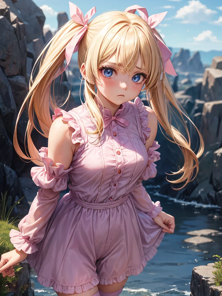 An adult girl with dull blonde hair, hairstyle in two low pigtails adorned with faded pink ribbons. Her blue eyes, although once resplendent, now they reflect a deep melancholy and sadness. Designed in the style of Dragon Ball Z, She wears a pink jumpsuit dress that, although nice, It doesn&#39;t seem to bring him joy.. Wear a pink hat as an accessory, slightly twisted, adding a touch of carelessness to your appearance. The scene takes place in his room, a small, dark space, with curtains that barely let in the daylight. The walls are bare and gray, with just a couple of old and torn posters. The bed is unmade, with wrinkled bedspreads and scattered pillows. The girl is sitting on the floor, huddled against a wall, holding her white cat with green eyes in her arms. The cat, in contrast to the sadness of the environment, seems to be your only consolation, looking at her with eyes full of understanding and affection. The scene should capture the iconic style of the anime, but with a focus on the depressing atmosphere and the emotional connection between the girl and her cat.