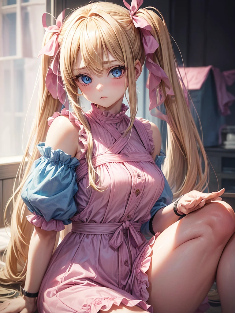 An adult girl with dull blonde hair, hairstyle in two low pigtails adorned with faded pink ribbons. Her blue eyes, although once resplendent, now they reflect a deep melancholy and sadness. Designed in the style of Dragon Ball Z, She wears a pink jumpsuit dress that, although nice, It doesn&#39;t seem to bring him joy.. Wear a pink hat as an accessory, slightly twisted, adding a touch of carelessness to your appearance. The scene takes place in his room, a small, dark space, with curtains that barely let in the daylight. The walls are bare and gray, with just a couple of old and torn posters. The bed is unmade, with wrinkled bedspreads and scattered pillows. The girl is sitting on the floor, huddled against a wall, holding her white cat with green eyes in her arms. The cat, in contrast to the sadness of the environment, seems to be your only consolation, looking at her with eyes full of understanding and affection. The scene should capture the iconic style of the anime, but with a focus on the depressing atmosphere and the emotional connection between the girl and her cat.