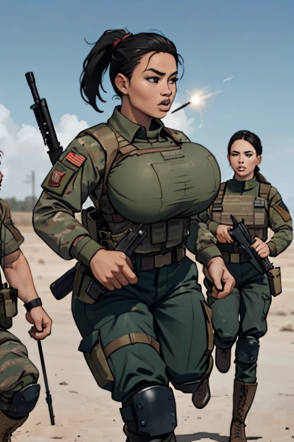 group of female soldiers, war photography, (cinematic lighting:1.1), highest quality, photo of (group of fully dressed really tanned 20yo sexy muscular female army special forces with taut clothing military top, ponytail hair, running holding a rifle), (bouncing breasts, motion lines, motion blur), too tight military shirt, medium_boltedontits, perfectly round breasts, breast implants, unaligned breasts, perfect face, parted lips, dumb expression, (wearing military Combat uniform, battlepack, boots:1.2), athletic body, on the battlefield, fake tits, bootsnutes