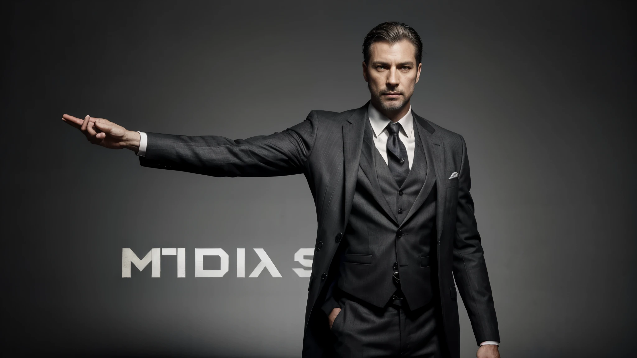 Handsome man 35 years old, Stands tall, points with their right hand to the inscription, in the style of Samdoesarts, on a plain gray background , Jeremy Mann, Sandra Chevier, Dave McKean, Richard Avedon and Macei Kusiara, a full-length suit, high detail, 8 K