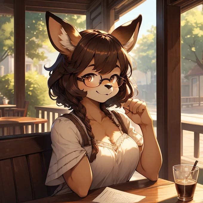 uploaded on e621, by Pixelsketcher, by Bayard Wu, by Thomas Benjamin Kennington , by Einshelm, by hioshiru and kenket, Chunie, portrait, solo anthro female deer doe, tiny featureless breasts, tiny breasts, clear dark blue, cinematic lighting, day, sunny day, sitting outside at a café, café background, french background, old french background, shiny, short curly dark brown hair, short hair, wears big black nerd glasses, very very beautiful furry art, furry art, thoughtful, shiny, feminine, cute face, muzzle, fluffy chest, flawless face, Fallow deer, 1girl, Sakimichan is beautiful, Masterpiece, Wavethesallow Face, shiny, Detailed image, portrait, Detailed image, portrait, wears pure white wide, big blouse, wears beige summer straw hat, shiny, realistic face, perfect anatomy, hourglass body, anthropomorphic deer, happy, very happy, small ears, huge black nerd glasses, wide happy eyes, look at viewer, smiles, big smile, holds with both hands a cup of coffee, hourglass body, (furry body:1.1), anthropomorphic deer, small fluffy tail, detailed background, (cute anatomy:1.1), looks into the distance