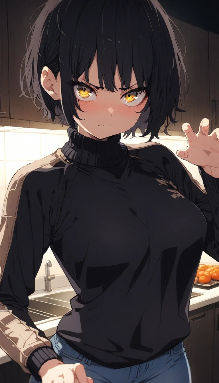highest quality, ultra details, Anime Style, Masterpiece, solo, Adult woman, a scared woman with knife his hand, traumatized, scared face, serious face, yellow eyes, beautiful, beautiful body, short black hair, korean pixie cut, looking at viewer, standing pose, she holding a kitchen knife, threatening pose, (medium boobs:1.2), (black sweater, long sleeve, Recycled Wool Jersey, blue jeans:1.5), hotel kitchen room, dark, dark background, portrait, night days,