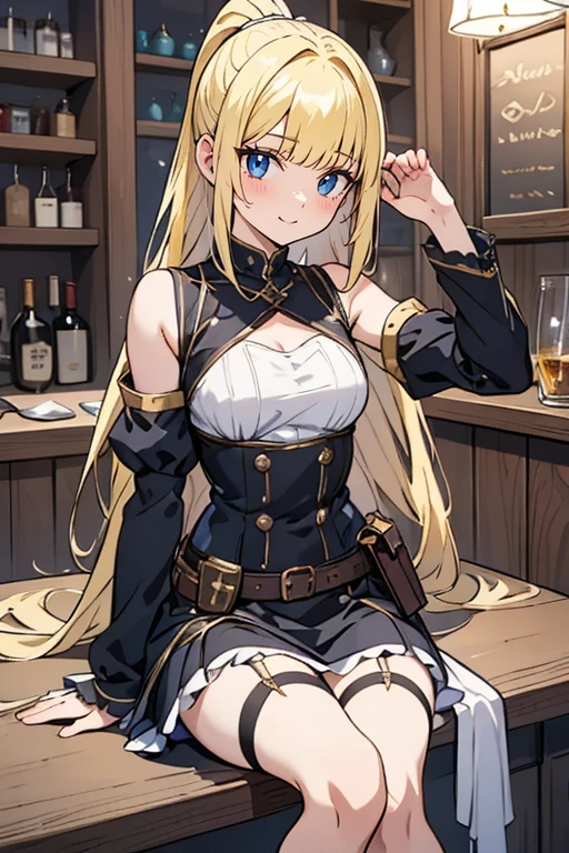 fairy_tail_style, solo, 1 girl, (young female body:1.4), (medium small breasts), golden yellow hair, extra long hair, blunt bangs, crystal blue eyes, very detailed eyes, cowboy shot, detailed eyes, tavern, bar, sitting, gray dress, long sleeves, grey corset, tigh high socks, medieval tavern, black and light grey dress, detached black sleeves, belt, belt pouch, belt chains, adventurer, black blouse, garter, black knee high boots, knees up, sitting squat, ponytail, leaning arm on table, elbow on counter