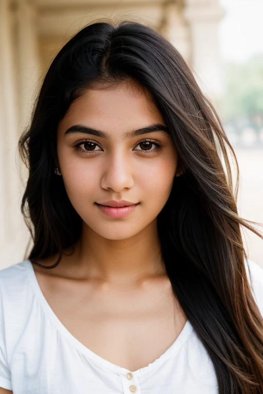 realistic portrait photo of beautiful girl with black hair, hair roots slightly faded, indian, student, light brown eyes, no makeup, long hair, white skin