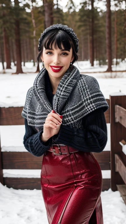 Kimbra wearing sexy traditional winter clothes with lipstick and smiling