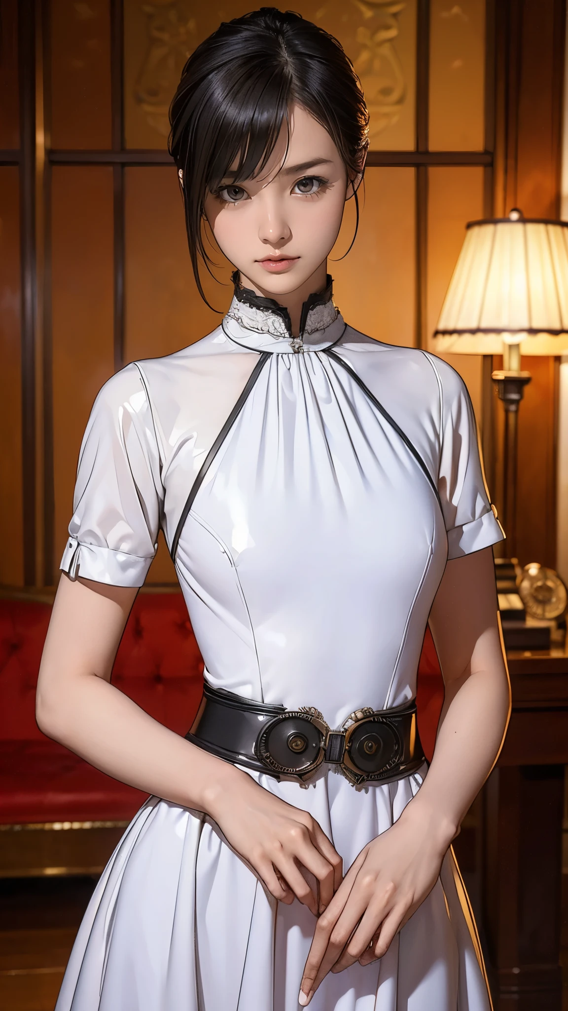 (masterpiece:1.3), (Confused:1.3), (Highest quality:1.3), (Perfect Anatomy:1.5), Very slim:1.3, Very thin waist:1.2, Perfect Fingers, (Detailed face), alone, , army officers, (steampunk), (Victorian era), Old Hong Kong, (Kowloon area), Horizontal Angle, ((View your viewers:1.3)), (Very detailed:1.3), (Best Shadow:0.7), (Small breasts), ((Black short bob:1.1)), (Straight hair), Beautiful Eyes, Are standing, Pale vermilion latex dress, Full coverage rubber dress, A dress that clings to the body:1.4, skirt, Outdoor rest, intimidating pose, Cowboy Shot, NFSW:1.3