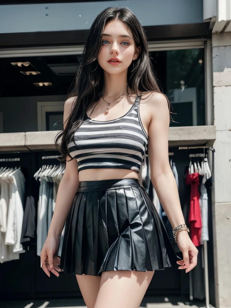 (Caucasian woman); ((black hair)), wavy hair, ((long hair)), hair parted in the middle; blue eyes, ((lined eyes)), ((highlight blue eyes)), shiny eyes; (eyes with reflection); (red lipstick), (glossy lips), (makeup); smile, ((athletic body)), ((medium breasts)), nipples, ((legs)); ((striped top)), tank top, black and white top, ((black skirt)), ((pleated skirt)); earrings, necklace, bracelets; high quality, artistic shot, standing, many people, in clothing store, soft light, side shot. 