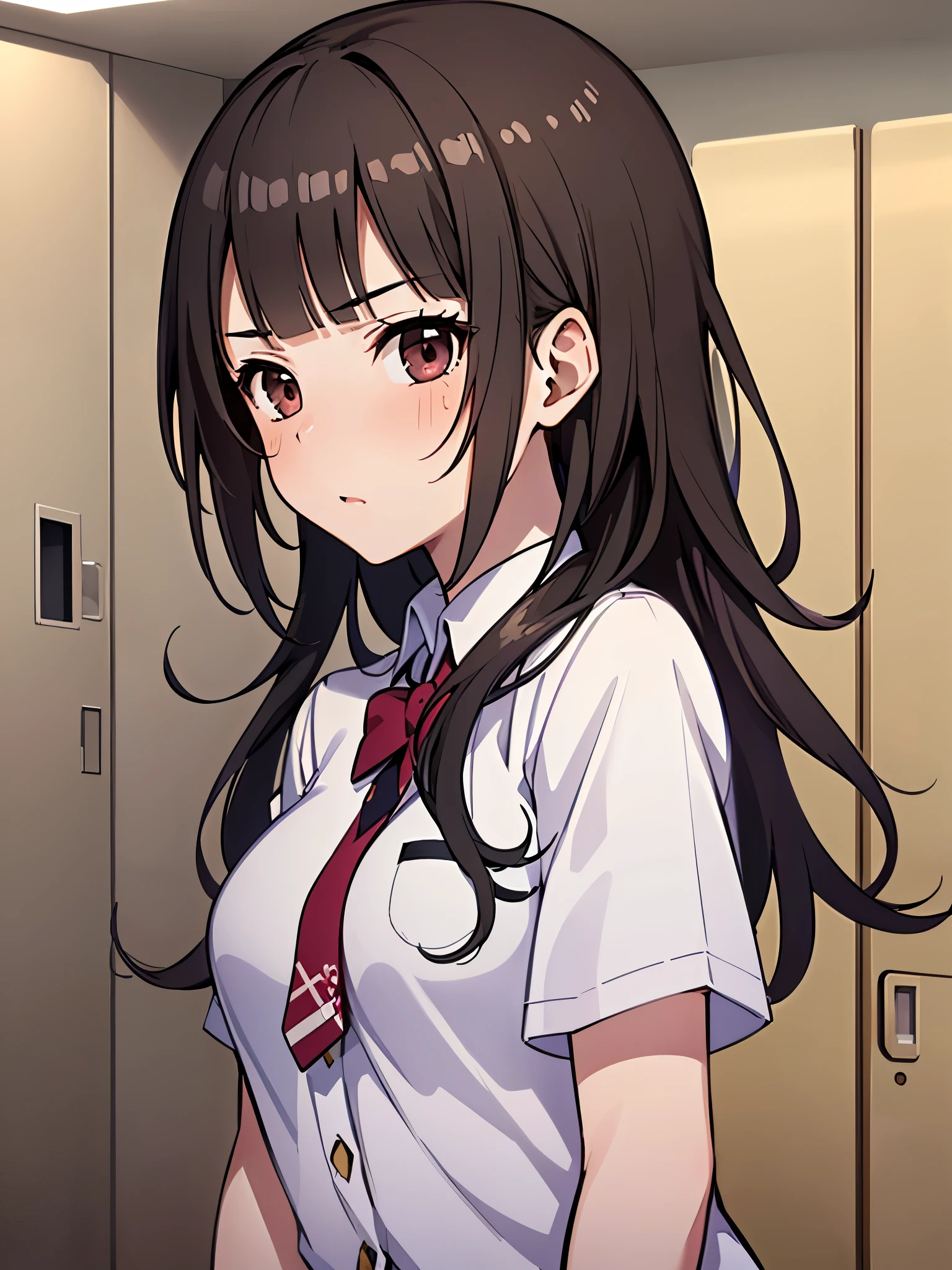 ((Highest quality,masterpiece)),(16K,Ultra-high resolution,Super detailed)1girl, 独奏,Confined in a locker with the viewer, okitasawa,Opens their mouth and glares at the viewer,red cheek,Highly detailed facial features, Beautiful and perfect face, Perfect Eyes,