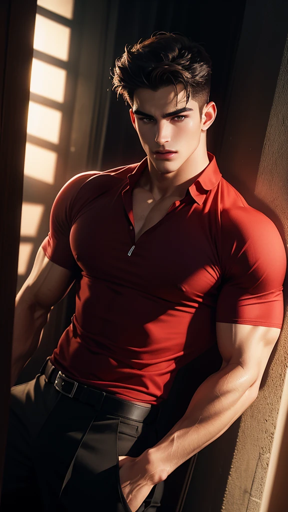 a muscular handsome young man, Pietro Boselli, extremely detailed face, beautiful detailed eyes, looking at the viewers romantically, blood red shirt, black pants, formal shirt pants, sexy look, black short hair, light facial hair, smooth skin, photo-realistic, cinematic lighting, high quality, 8k, dramatic colors, chiaroscuro lighting, dramatic shadows, cinematic atmosphere