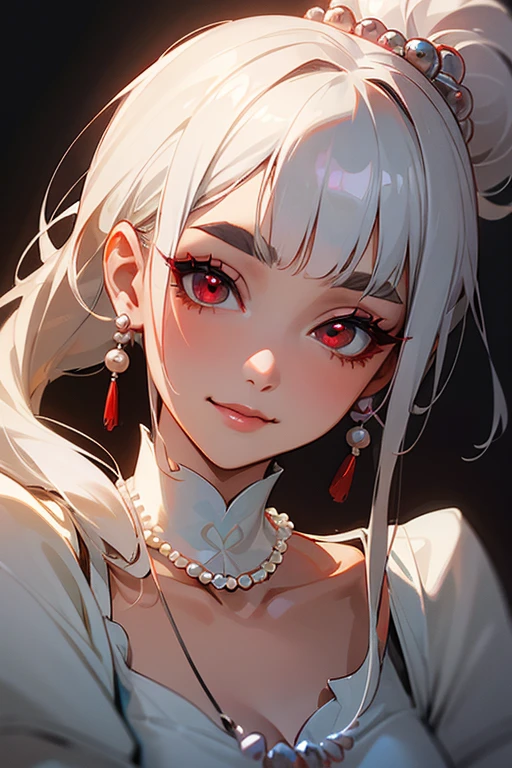 (Highest quality, masterpiece:1.2), High resolution, 最高masterpiece、Very detailed, Realistic:1.37, Fantasy, An illustration,Gray Hair、 Red eyes、Queen, Red dress、beautifully、Eyeshadow Red、Thick eyebrows、Long eyelashes、pupils are black、shiny on the lips、Top Sites、Queen、Princess、A kind smile、Soft impression、people々々々Loved by、Slimming the face、Shoulder Bare、ponytail、Kissing Face、Long white hair、Shaggy Bangs、(Save face image).(Gothicta)、(A kind smile)、(Background white)、((Pearl Necklace)).