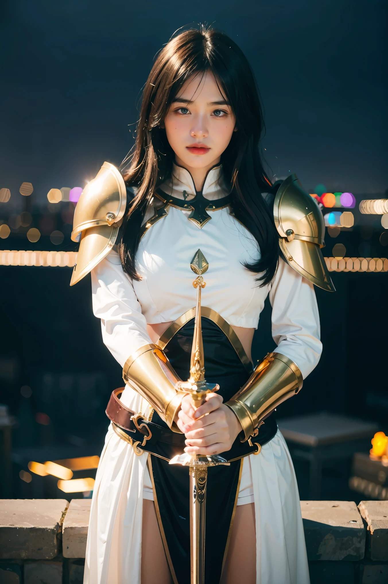 (masterpiece, best quality), A paladin holding a light infused sword, light magic, divine, magewave, silver and gold, 4k, dark cityscape, Fujifilm