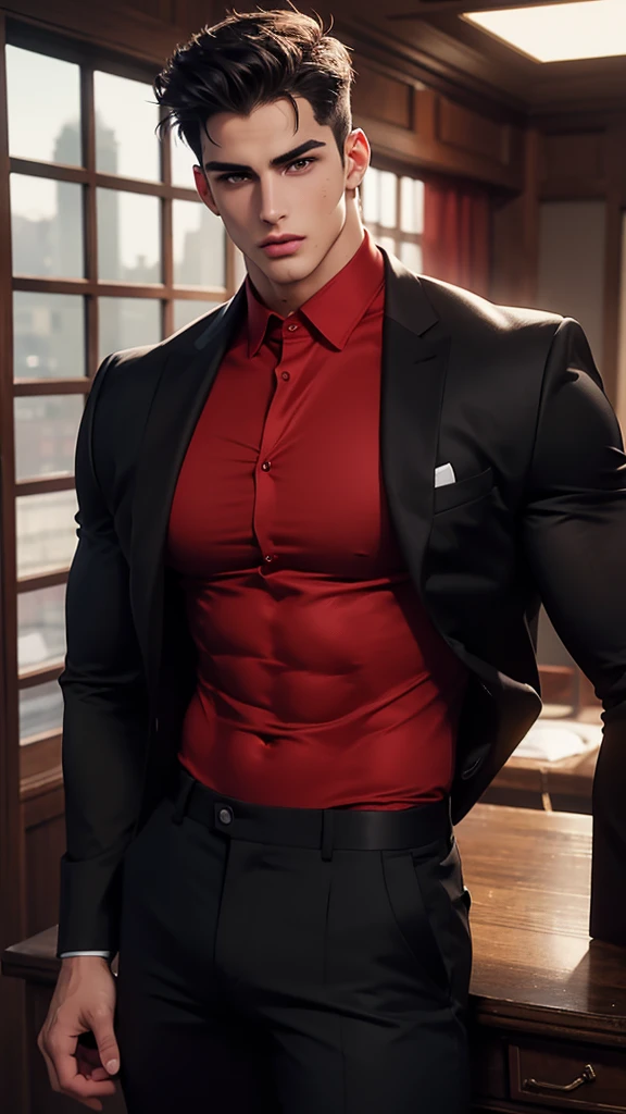 a muscular handsome young man, Pietro Boselli, extremely detailed face, beautiful detailed eyes, looking at the viewers romantically, blood red shirt, black pants, formal shirt pants, sexy look, black short hair, light facial hair, smooth skin,