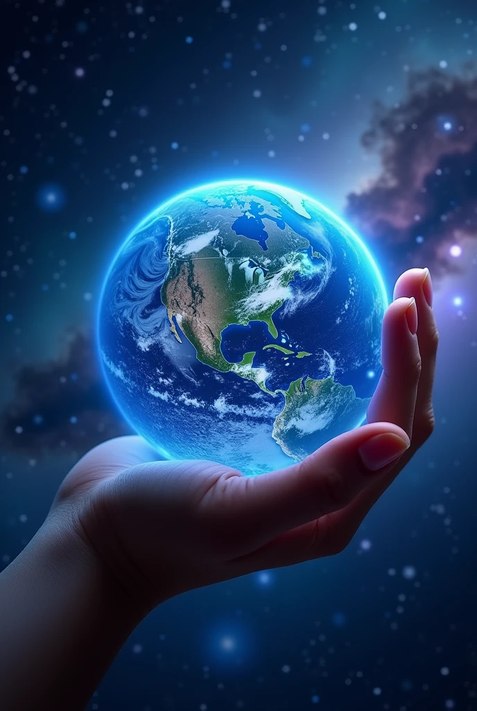 Close-up of hand, hand holding earth, Shining Universe,Blue glowing earth