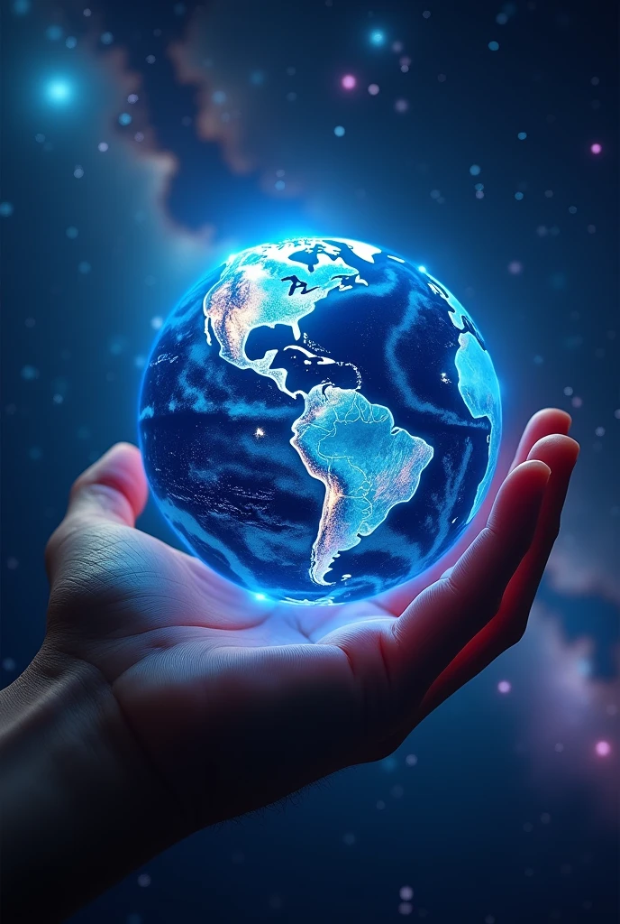 Close-up of hand, hand holding earth, Shining Universe,Blue glowing earth