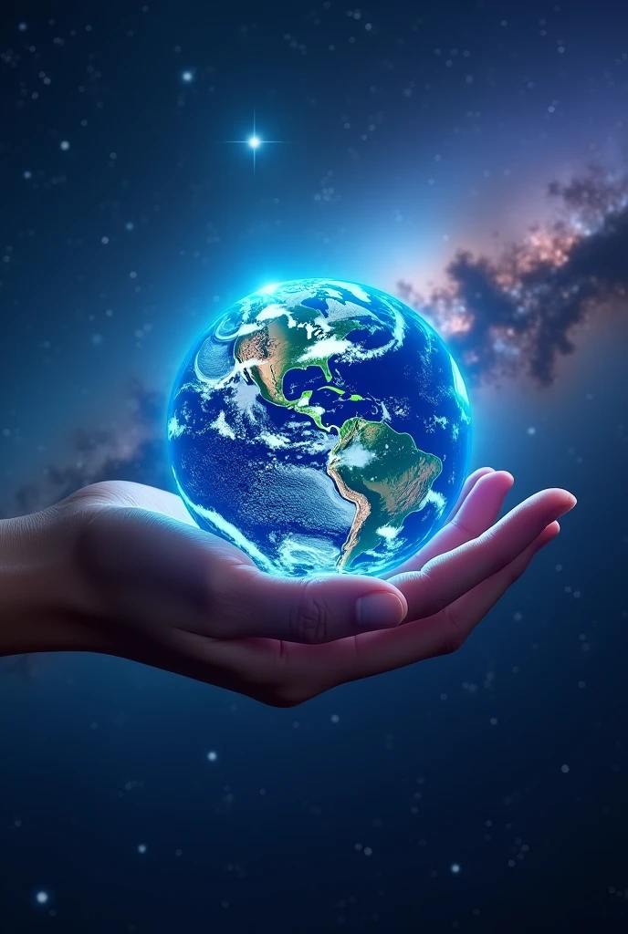 Close-up of hand, hand holding earth, Shining Universe,Blue glowing earth