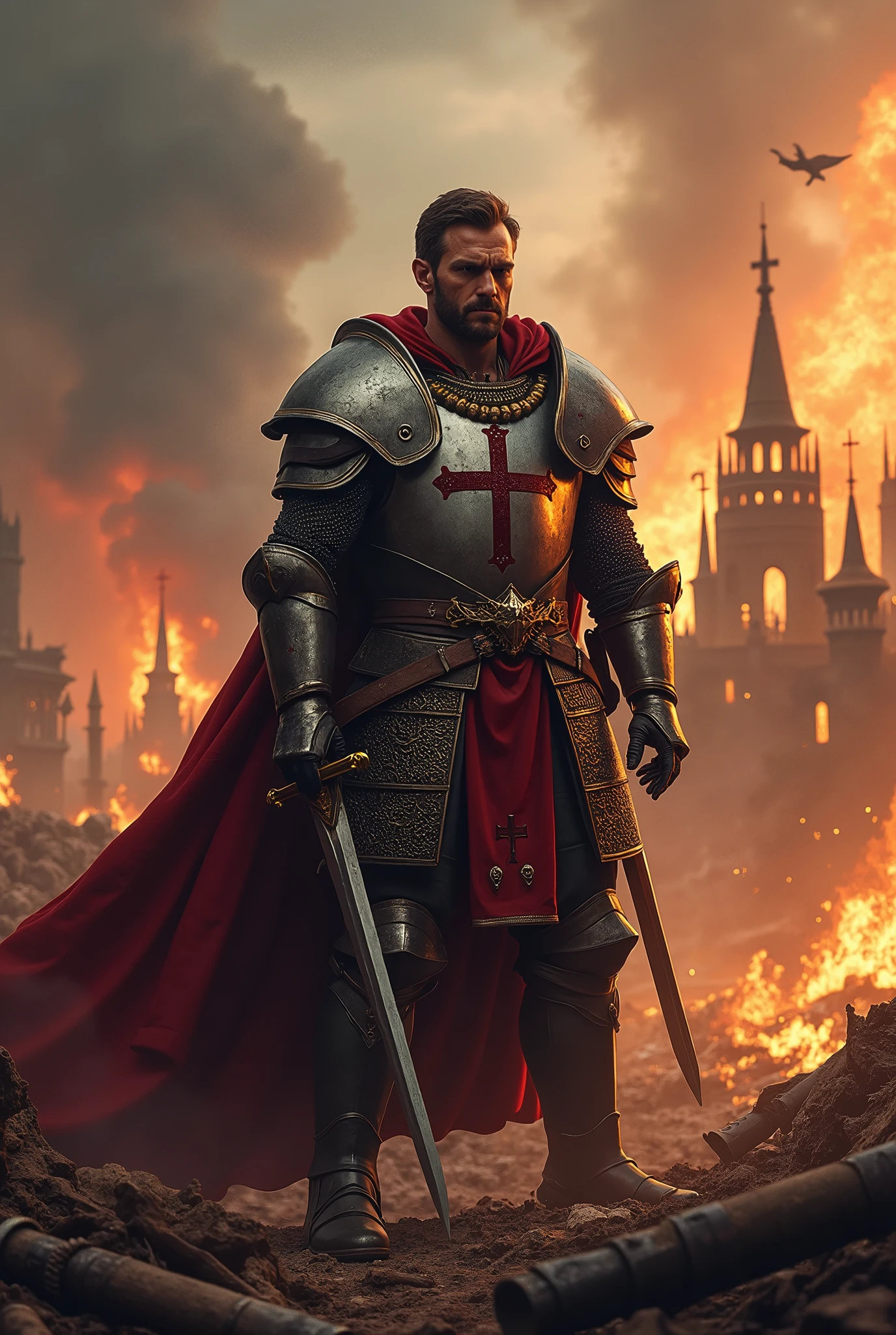 Christian Templar, victorious, after a bloody battle, standing, behind him a castle in flames, death and blood.