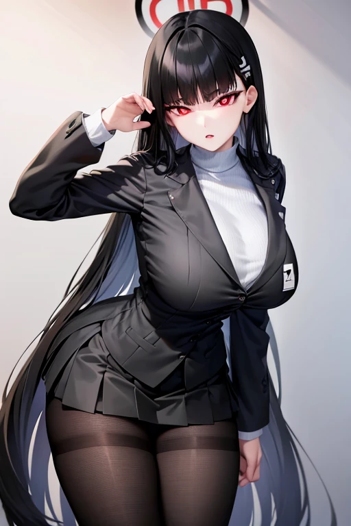 Big Breasts、Black Hair、White vertical knit、Black tight skirt、Black Pantyhose、Red Eye、Long, slender legs、High resolution、masterpiece、Highest quality、High-resolution model