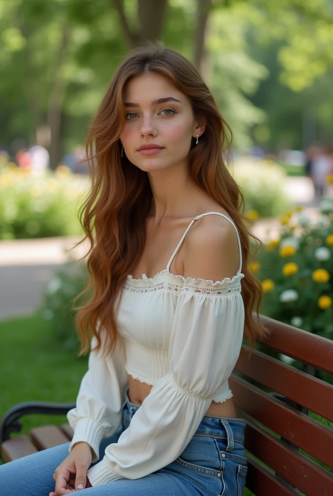 young attractive and sexy russian woman, 18 years old, Cute , eyes browns, (knickers,Short and tight jeans:1.2), breasts big, chestnut hair, Hair on the neck, aretes, (sitting on a bench in a public park), (From head to toe of the skirt) ,8k, RAW Photos, highest quallity, work of art,highest quallity