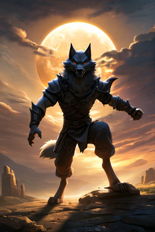 a young male teenager with Lycanroc, werewolf-like being, dramatic solar eclipse, Sun on the peak, dynamic action pose, dark, atmospheric atmosphere, cinematic lighting, Fantasy landscape, Dramatic clouds, muito detalhado, complicated, photorealisti, Award-winning digital art, (best quality,4K,8k,highres,​masterpiece:1.2),Ultra-detail,(realisti,photorealisti,photo-realisti:1.37),Dynamic Composition,cinematic framing,atmospheric lighting,dramatic shadows,shining sky,Fantasy-Elemente,powerful creature