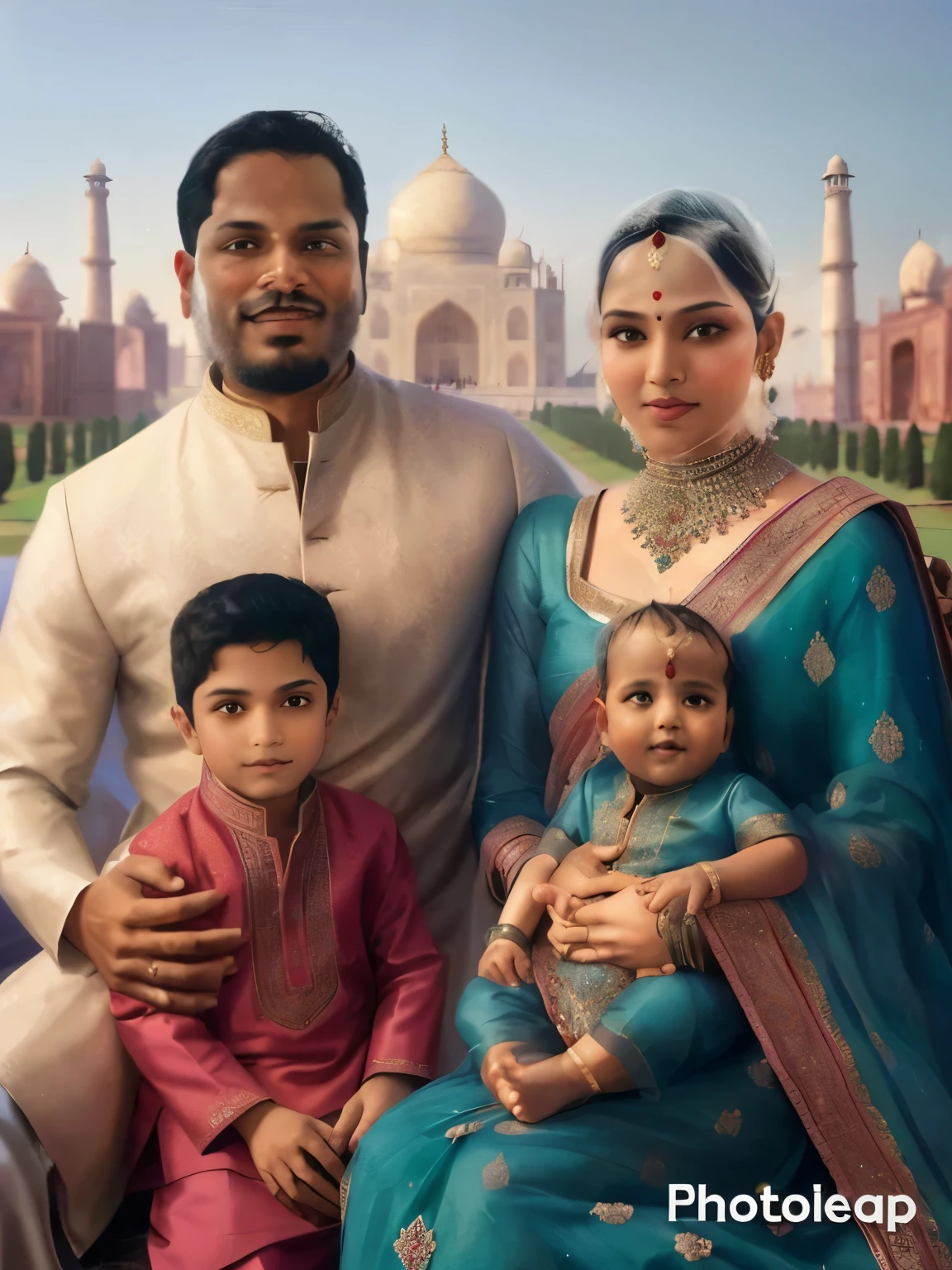 arafed family posing for a picture in front of a taj mahal, inspired by Abdur Rahman Chughtai, family portrait, taj mahal, indian empress, profile picture, indian, happy family, michelin man family portrait, profile pic, royal portrait painting, husband wife and son, the future, cyborg hindu godbody, jayson tatum as mother mary