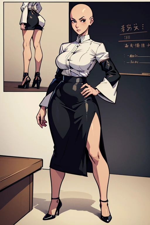 digital anime art, highly detailed, reference sheet, standing pose, feminine features, mature woman, adult female, tall figure, whole body, bald, form-fitting, office shirt, cropped sleeves, long pencil skirt, shoes, 1woman, solo, upper body, lower body, ((Extremely Detailed)), ((Best Quality)), ((Masterpiece)), ((4k)).
