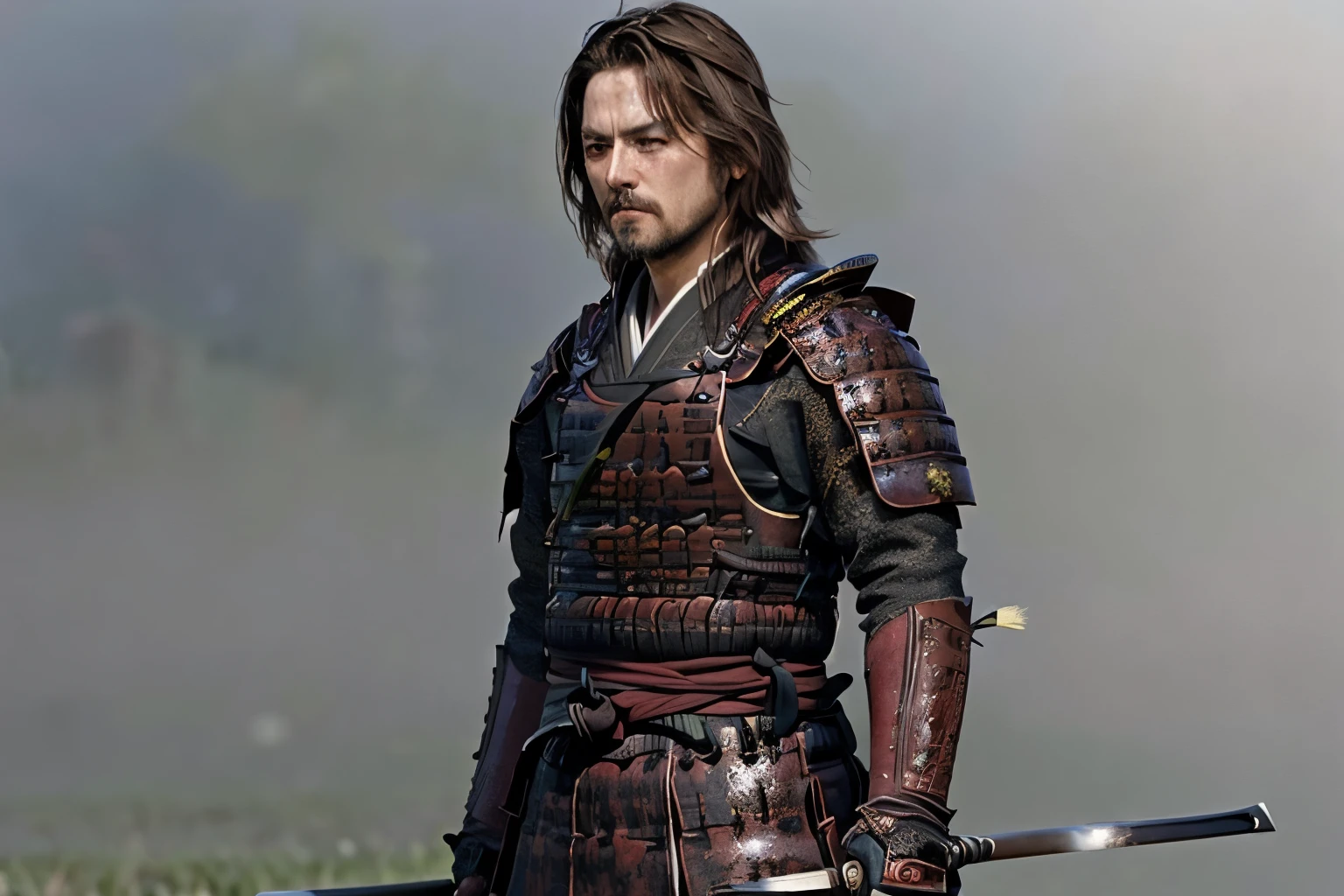 (masterpiece, Highest quality:1.2), The Last Samurai tc, alone、Full body portrait、(A battlefield shrouded in morning mist)、(Blur the background:1.2)、Standing with sword lowered、Late Edo period of Japan、Reflected in the background、4K、wallpaper、