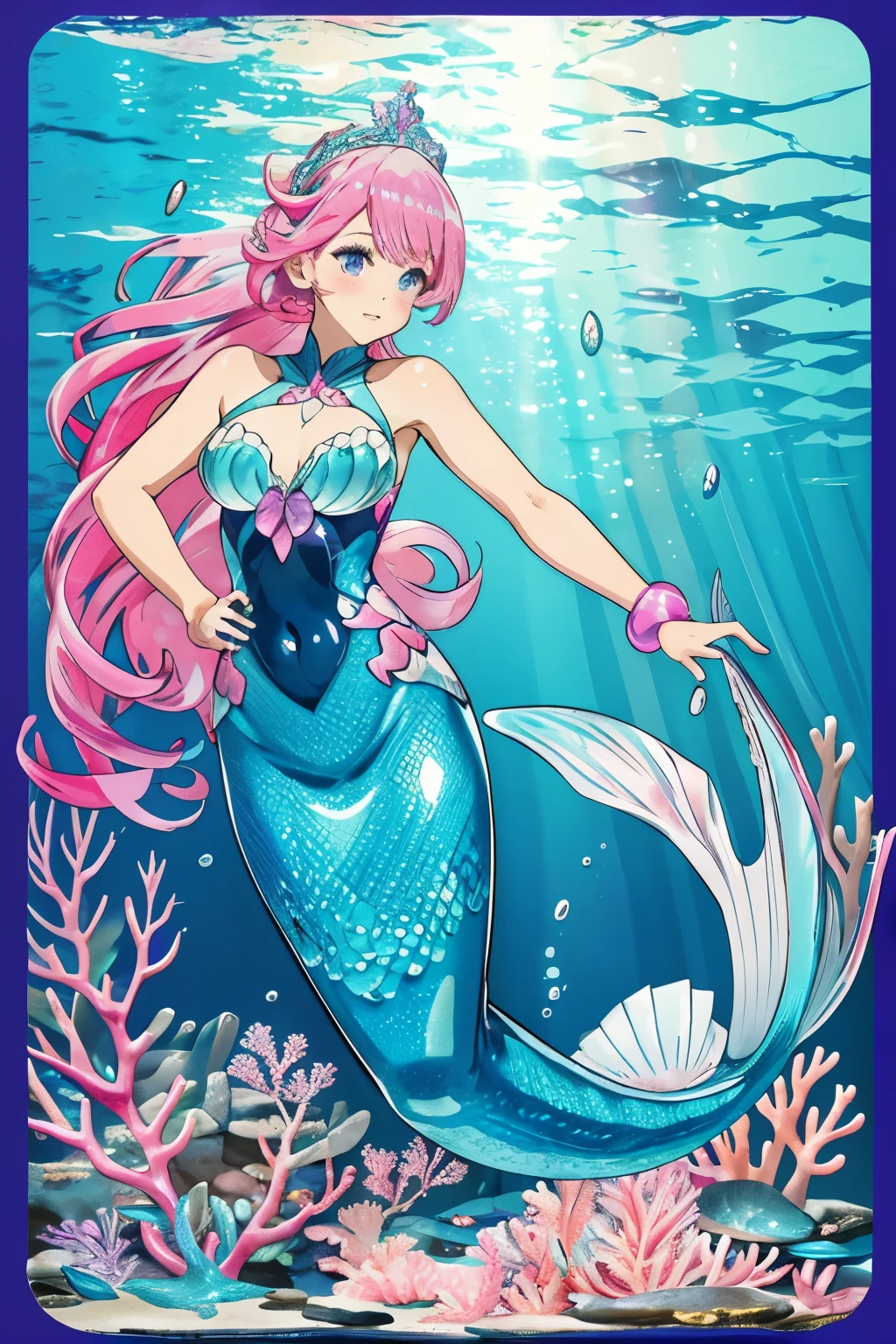 Mermaid,Mermaid,Mermaid Girl,Mermaid Tail,Bodysuit style,Scale style,Underwater background,Underwater background,Undersea background,Coral shell background,Seawater background,Pink and purple scales,Pink,end,I have end on me.,Girl with fish tail,Pink and purple,Powder blue scales,cute,cute,cute,Crown