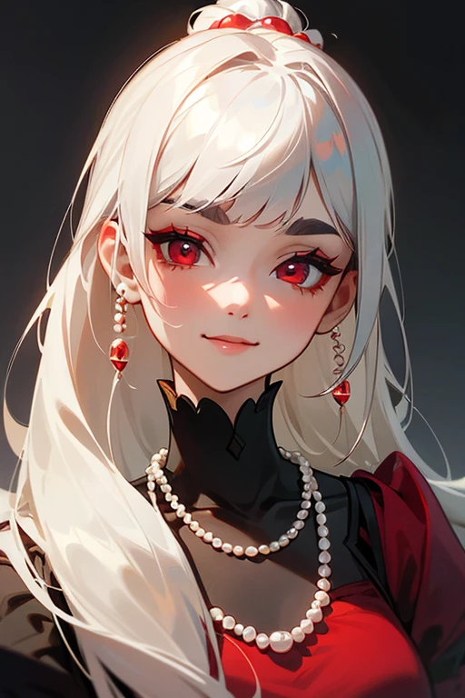 (Highest quality, masterpiece:1.2), High resolution, The highest masterpiece、Very detailed, Realistic:1.37, Fantasy, An illustration,Gray Hair、 Red eyes、Queen, Red dress、beautifully、Eyeshadow Red、Thick eyebrows、Long eyelashes、pupils are black、shiny on the lips、Top Sites、Queen、PRİNCESS、A kind smile、Soft impression、people々々々Loved by、Slimming the face、Shoulder Bare、ponytail、Kissing Face、Long white hair、Shaggy Bangs、(Save face image).(Gothicta)、(A kind smile)、(Background white)、((Pearl Necklace)).