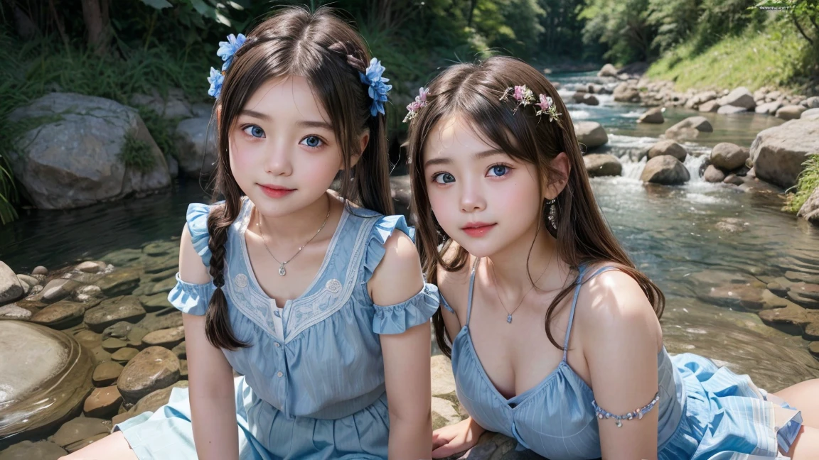 ( 3 girls), smile、Look into the camera、beautiful girlหน้าเด็กวัยใส、((((((8 years old)))))) diamond necklace、braided hair, Wear a jeans skirt.( I am only a translate agent  (((round chestๆ)))revealing upper arms、Extra long twin tail feathers、Flower Hair Ornaments、 Masterpiece, Highest quality, 8ก, beautiful girl, young face、 photography, Cute face, thigh,Sitting on a rock in the stream,、รอยsmile、small waist, blue eyes(((The chest is erect...)))(((round chest)))(((big breasts:1.0)))