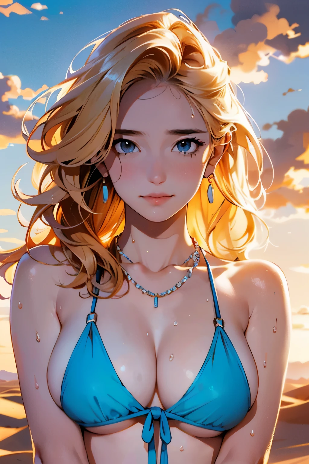 Classical painting, Sunset,desert,Woman in bikini,Portraiture,Looking down at the camera,Bikini,necklace,Earrings,bracelet, alone，Beautiful Face、A vivid face、40 years old、Sex appeal of adult women,blondes,blondes,Beautiful wavy hair,Beautiful hairstyle、 Realistic Skin、Beautiful Skin、Narrow shoulders,charm、 Upper Body,detailed，Realistic，Realistic,desert,Backlight、Soft Light、Swimwear,(Sergeant's Oil Painting)、(Highest quality、masterpiece)、Anatomically ,Somewhat large breasts（dcup）,Sweat,A lot of sweat,Lots of sweat on my face,Painful expression,Wipe off the sweat,Smiling only with the mouth,Look up to the sky